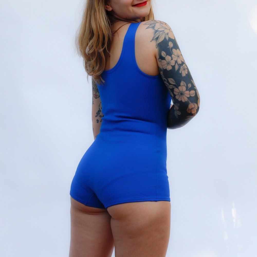 Vintage 60s 70s Retro One Piece Stretch Nylon Swimsuit Pin Up Mod Playsuit Blue - Picture 4 of 16